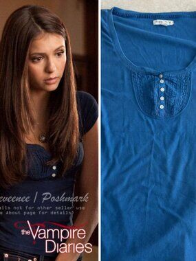 Aeropostale Stretch Ruffle Scoop Neck Henley Tee ALT ASO Elena Gilbert